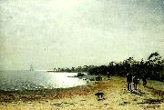 Eugene Jansson kustlandskap med figurer och hund pa sandstrand Sweden oil painting artist